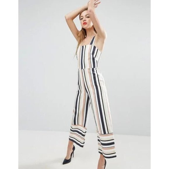 ASOS Navy, Brown, Beige & White Stripe Pinny Jumpsuit In Stripe‎ Size 4 - Picture 6 of 12